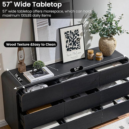 9 Dresser for Bedroom, 57" Wide Vertical Drawer Dresser with Large Storage, Wooden Drawer Closet for Bedroom, Living Room, Black