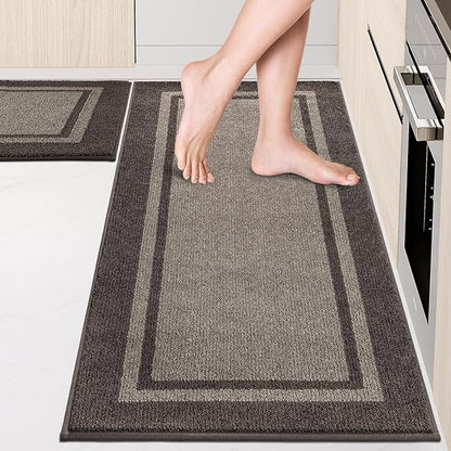 Kitchen Rugs Set (24" x 36"+24" x 60"), Non-Slip Machine Washable Kitchen Runner Rugs Floor Mats, Absorbent Comfort Standing Mat for Kitchen, Sink and Hallway, Rolled Packaging, Grayish Brown & Coffee