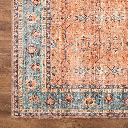 Bloom Rugs Washable Non-Slip 5' x 7' Rug - Orange/Teal Blue Traditional Bordered Area Rug for Living Room, Bedroom, Dining Room, and Kitchen - Exact Size: 5' x 7'