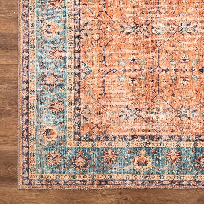 Bloom Rugs Washable Non-Slip 10x14 Rug - Orange/Teal Blue Traditional Bordered Area Rug for Living Room, Bedroom, Dining Room, and Kitchen - Exact Size: 10' x 14'