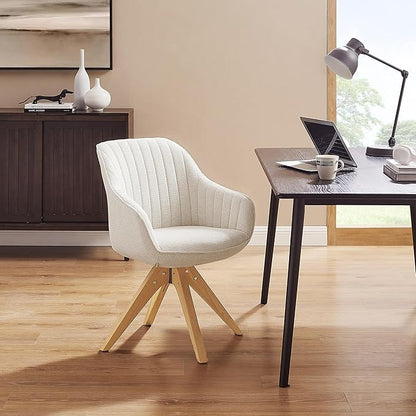 Zouron Accent Chair with Wooden Legs, Swivel Desk Chairs No Wheels, Upholstered Armchair Vanity Chair for Small Space Home Office Living Room Bedroom, Beige and Natural Wood