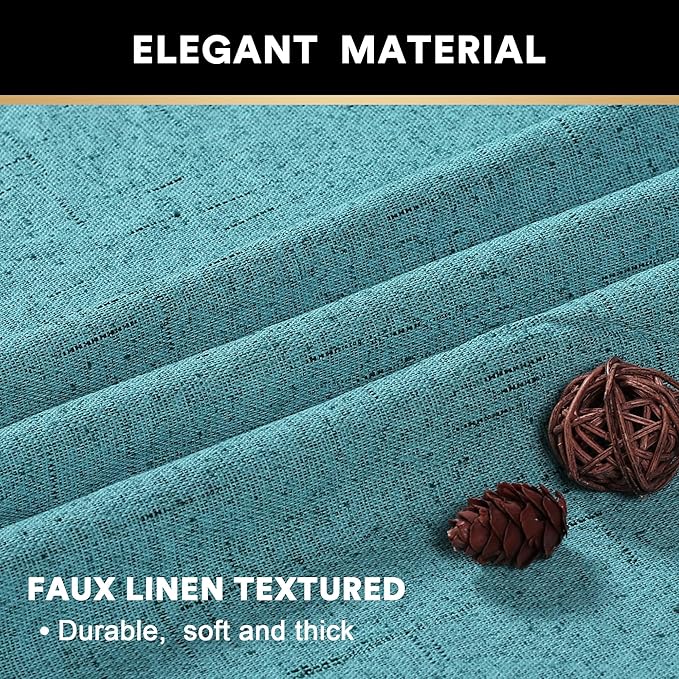 PrinceDeco Primitive Textured Linen 100% Blackout Curtains for Bedroom/Living Room Energy Saving Window Treatment Curtain Drapes, Burlap Fabric with White Thermal Insulated Liner (52 x 54 Inch, Teal)