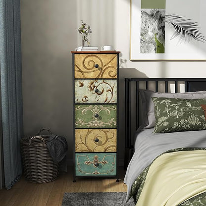 Tohomeor Small Dresser for Bedroom with Retro Flower Narrow Drawers Slim Chest of Drawers Skinny Nightstand Sofa End Table for Living Room Entryway Closet Storage (Multi, 5 Drawers)