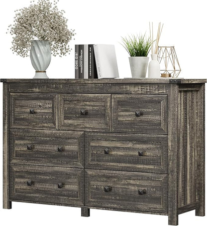Dresser for Bedroom with 7 Drawers, Farmhouse Wood Chest of Drawers, Wide TV Stand Closet Storage Furniture with Metal Handle, Modern Wooden Clothes Organizer for Hallway, Living Room, Entryway, Grey