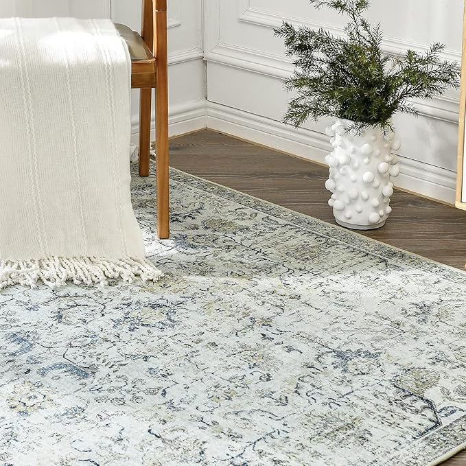 jinchan Kalen Runner Rug 2x6 Washable Hallway Rug Vintage Indoor Thin Retro Floor Cover Distressed Floral Country Lightweight Non Slip Carpet for Entryway Bathroom Kitchen Bedroom Living Room Blue
