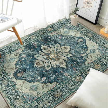 Area Rugs 3'x4' Washable Non-Slip, Floral Vintage Distress Print Pattern Medallion Carpet for Living Room Bedroom Dining Room, Dark Blue Vintage