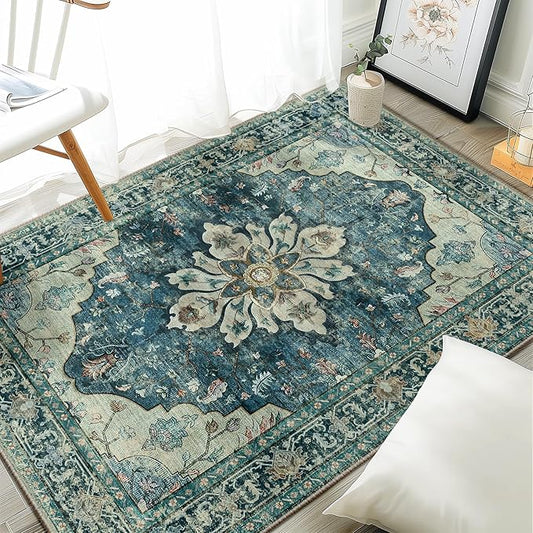 Area Rugs 3'x4' Washable Non-Slip, Floral Vintage Distress Print Pattern Medallion Carpet for Living Room Bedroom Dining Room, Dark Blue Vintage