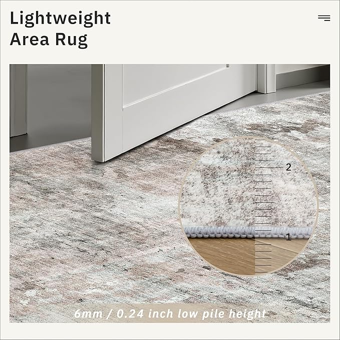 9x12 Area Rugs for Living Room, Non Slip Machine Washable Vintage Rugs, Low Pile Lightweight Large Rug for Bedroom, Dining Room, Home Office Grey Pink