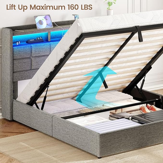 Lift Up Full Size Bed Frame with Storage, Upholstered Full Bed Frame with LED Lights Headboard and Charging Station, No Box Spring Needed, Easy Assembly - Light Grey