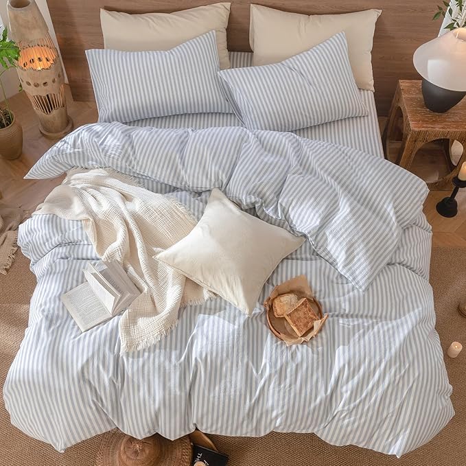 MooMee Striped Duvet Cover Set 100% Washed Cotton Linen Like Textured Breathable Durable Soft Comfy (Cornflower Blue White Classic Stripes, Oversized Full 82"x86")