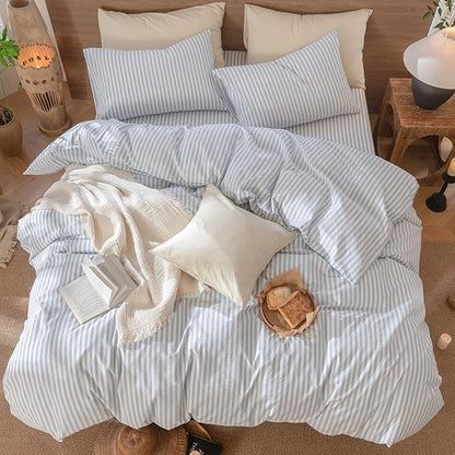 MooMee Striped Duvet Cover Set 100% Washed Cotton Linen Like Textured Breathable Durable Soft Comfy (Cornflower Blue White Classic Stripes, Oversized Full 82"x86")