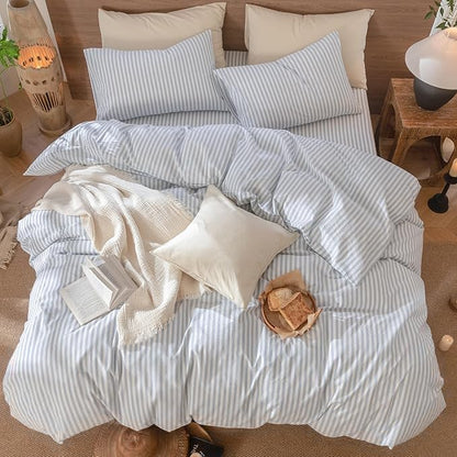 MooMee Striped Duvet Cover Set 100% Washed Cotton Linen Like Textured Breathable Durable Soft Comfy (Cornflower Blue White Classic Stripes, King 104"x90")