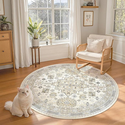 zesthome Washable Round Area Rugs - Non-Slip 6ft Round Rugs, Ultra-Thin Large Circle Rugs for Living Room, Soft Low Pile Rug for Bedroom, Kitchen, Nursery - Vintage Stain Resistant Round Rug