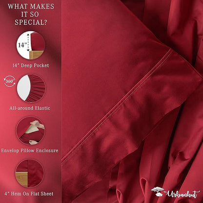 URBANHUT 800 Thread Count 100% Cotton Twin Size Sheets, Luxury 4 Piece Twin Bedsheets, Hotel Sheets Sateen Finish - Better Than Egyptian, 14" Elasticized Deep Pocket - Burgundy