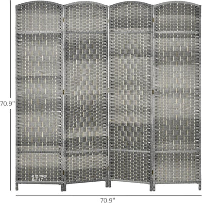 HOMCOM 4 Panel Room Divider, 6' Tall Folding Privacy Screen, Hand-Woven Freestanding Wood Partition for Home Office, Bedroom, Mixed Gray