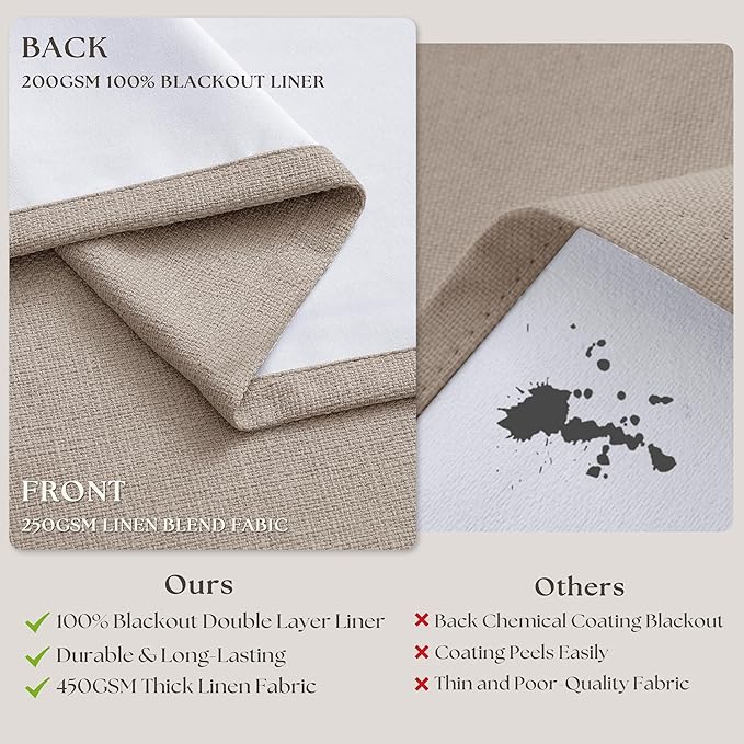 Dark Flax Linen Pinch Pleated 100% Blackout Curtains 90 Inch Length 2 Panels Set Burlywood Birch Tan Brown Pinch Pleat Curtains Black Out Blocking Room Darkening Drapes for Bedroom Living Room Window