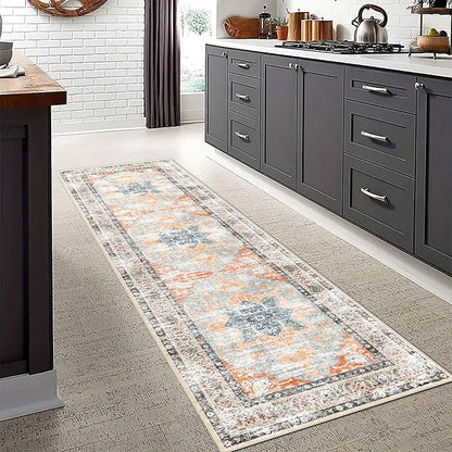 Runner Rug 2x10 Machine Washable Rug with Non-Slip Backing, Ideal for Kitchen Hallway Entryway Laundry Room - Vintage Floral, Durable, Easy Clean, Low Pile Carpet Runner Orange