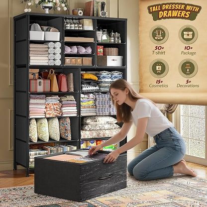 57“H Dresser for Bedroom with Drawers, Fabric Dressers & Chests of Drawers, Large Black Dresser with Sturdy Metal Frame, Wood Top,Entryway, Hallway