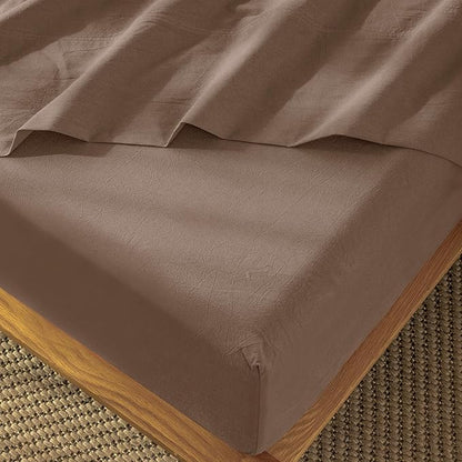MooMee Fitted Bottom Sheet Only 100% Washed Cotton Linen Like Textured Breathable Durable Soft Comfy Deep Pocket Fits Mattress up to 17" (Brown, Twin)