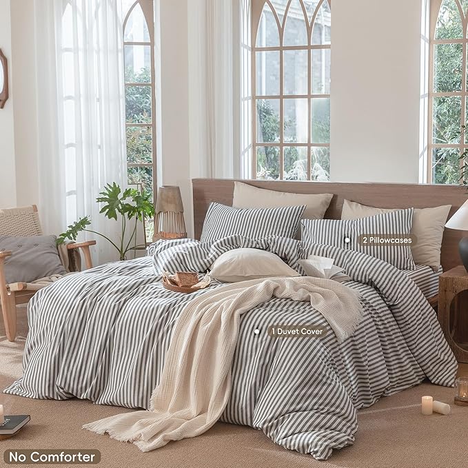 MooMee Striped Duvet Cover Set 100% Washed Cotton Linen Like Textured Breathable Durable Soft Comfy (Dark Grey White Classic Stripes, Oversized King Plus 128"x120")