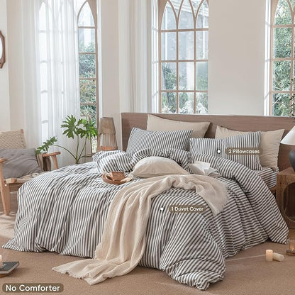 MooMee Striped Duvet Cover Set 100% Washed Cotton Linen Like Textured Breathable Durable Soft Comfy (Dark Grey White Classic Stripes, Super King 108"x98")