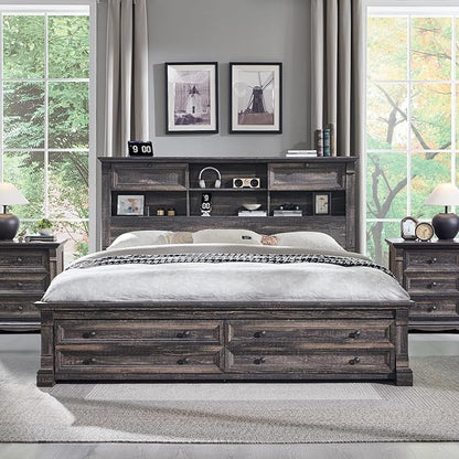T4TREAM Farmhouse Queen Size Bed Frame with 54" Tall Storage Bookcase Headboard, Wood Platform Bed Frame with 18" Tall Roman Column Decoration Footboard & 2 Drawers(Dark Rustic Oak)