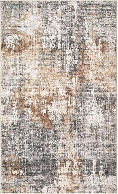 Washable Area Rug: 3x5 ft Abstract Small Rugs for Entryway Kitchen Living Room Bedroom - Non Slip Modern Neutral Carpet Indoor Front Door - Grey Brown
