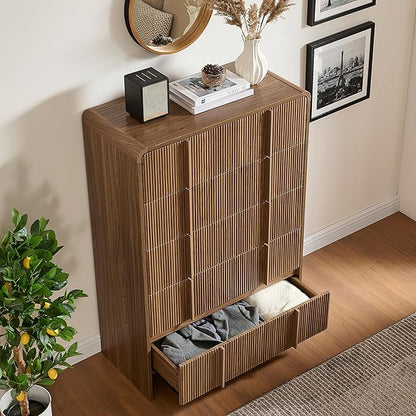 AMERLIFE Fluted 5 Drawer Dresser, 48" Tall Modern Chest of Drawers with Pine Handles, Rounded Corners & Anti-Tip, Wood Drawer Organizer for Cloth, Bedroom, Living Room, Hallway, Dark Walnut