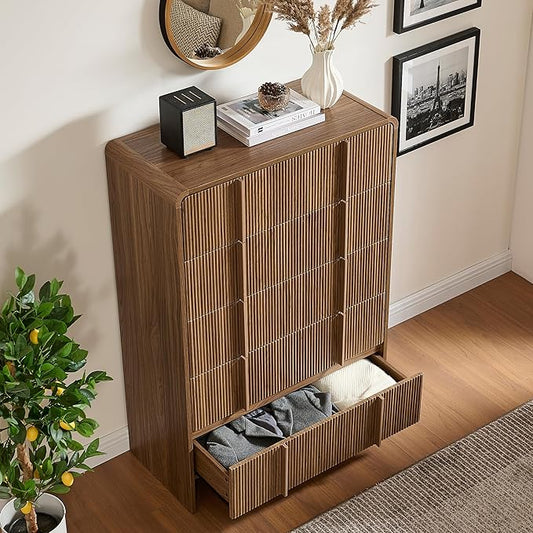 AMERLIFE Fluted 5 Drawer Dresser, 48" Tall Modern Chest of Drawers with Pine Handles, Rounded Corners & Anti-Tip, Wood Drawer Organizer for Cloth, Bedroom, Living Room, Hallway, Dark Walnut