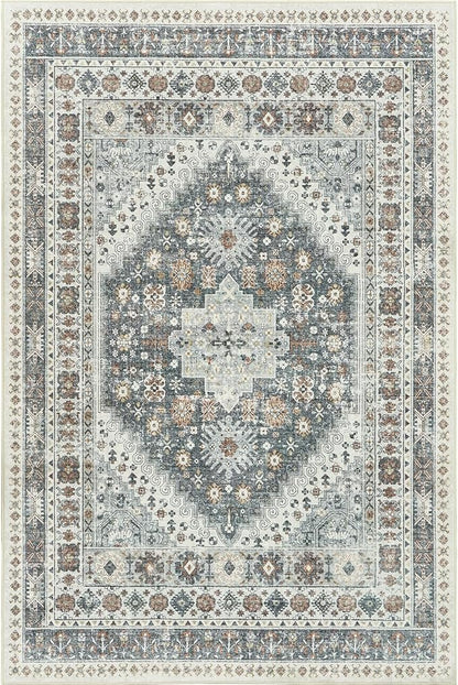 zesthome 5x7 Area Rugs - Ultra-Thin Washble Rug, Stain Resistant Anti Slip Backing Rugs for Living Room,Bedroom, Vintage Home Decor Area Rug (Grey/Orange,5'x7')