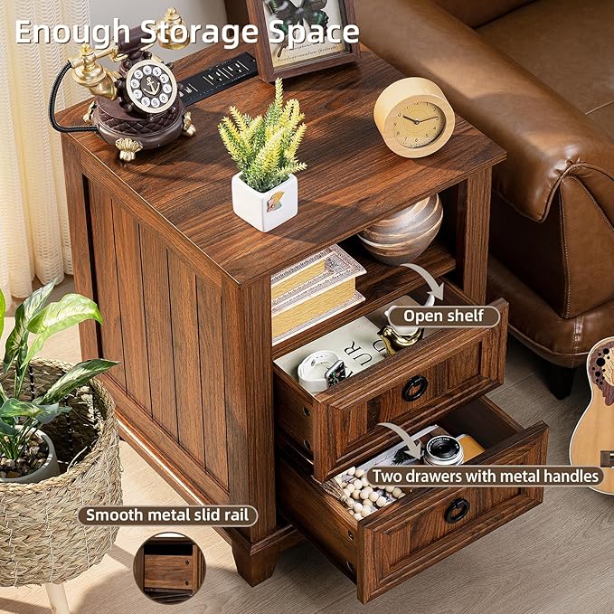 18" Farmhouse Night Stand with Charging Station, 2 Drawers End Table Dresser for Bedroom, Brown Wooden Nightstand, Bed Side Table with Open Shelf, Bedside Cabinet for Living Room, Closet