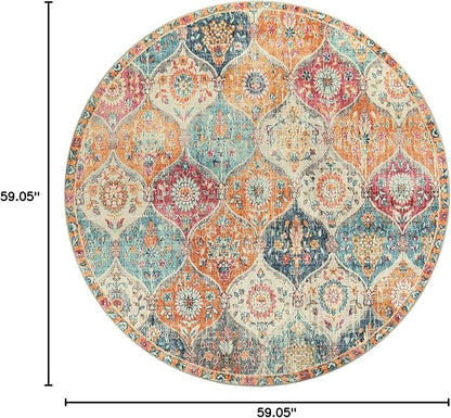 Lahome Moroccan Trellis Washable Round Area Rug, Round Rug 5ft Soft Non-Slip, Non-Shedding Distressed Circle Carpet for Bedroom Living Room Bathroom Nursery Kitchen, Cream/Multi