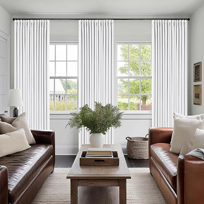 Snow White Pleated Linen Blackout Curtains 84 Inches Long for Bedroom Living Room Pinch Pleat Black Out Thermal Insulated Ring Hooks Back Tab Room Darkening Elegant Drapes Window Curtains with Liner