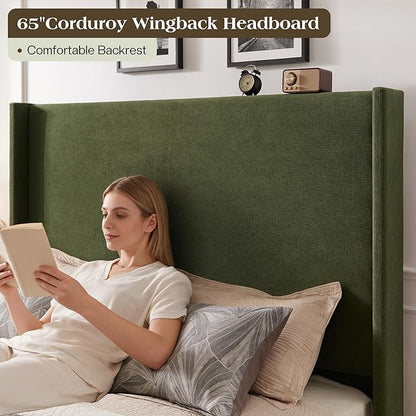 King Bed Frame with 65" Tall Headboard, Horizontal Fine Corduroy Bed Frame with Wingback, Upholstered Platform Bed, Vintage Solid Wood Gourd Legs, No Box Spring Needed, Green