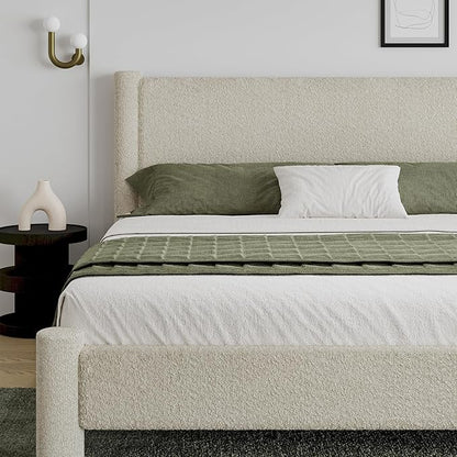King Size Bed Frame, Boucle Bed Frame with Headborad, Soft Upholstered Platform Bed Frame with Rounded Corners, No Box Spring Required, Easy Assembly, Cream