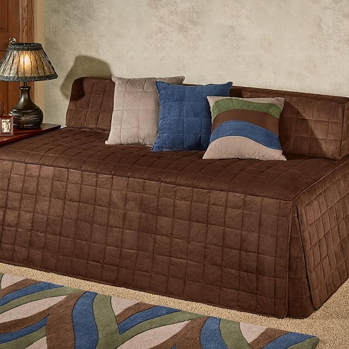 Camden Luxury Bedding | Neutral Chocolate Brown Color | Fitted Hollywood Daybed Bedding | Faux Suede Box Quilted Design | 5 Piece Set Includes Hollywood Cover, 2 Bolster Shams, and 2 Bolster Pillows