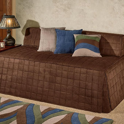 Camden Luxury Bedding | Neutral Chocolate Brown Color | Fitted Hollywood Daybed Bedding | Faux Suede Box Quilted Design | 5 Piece Set Includes Hollywood Cover, 2 Bolster Shams, and 2 Bolster Pillows