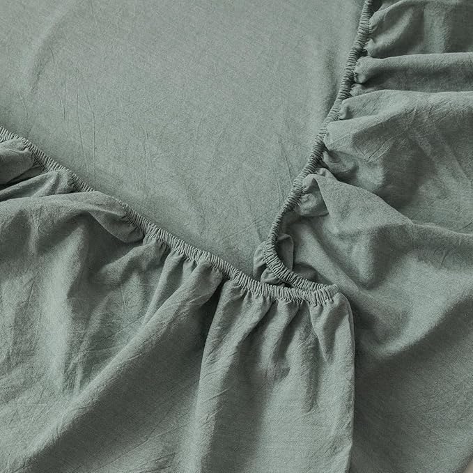 MooMee Fitted Bottom Sheet Only 100% Washed Cotton Linen Like Textured Breathable Durable Soft Comfy Deep Pocket Fits Mattress up to 17" (Heathered Green, Queen)