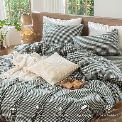 MooMee Gingham Duvet Cover Set 100% Washed Cotton Linen Like Textured Breathable Durable Soft Comfy Modern Checkered Design (Mini Gingham Forest Green, Twin 68"x90")
