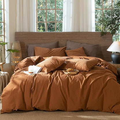 MooMee Wavy Striped Duvet Cover Set 100% Washed Cotton Linen Like Textured Breathable Durable Soft Comfy (Dark Orange, Full 80"x90")