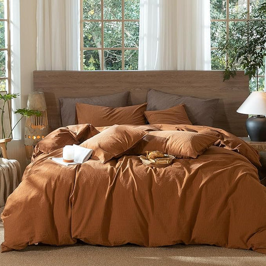 MooMee Wavy Striped Duvet Cover Set 100% Washed Cotton Linen Like Textured Breathable Durable Soft Comfy (Dark Orange, Oversized Queen 98"x98")