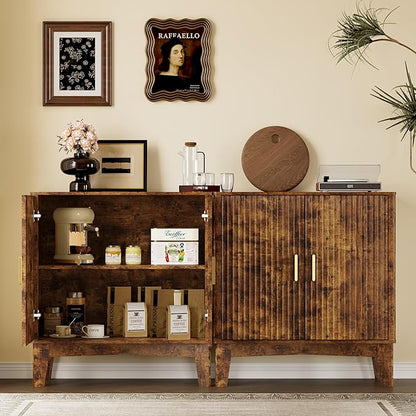 Storage Cabinet with Doors and Adjustable Shelf, Modern Fluted Sideboard Buffet Cabinet, Freestanding Coffee Bar for Kitchen, Pantry, Entryway, Living Room (Rustic Brown)
