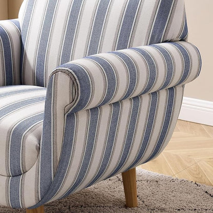 VANOMi Mid-Century Accent Chair with Stripe Pattern, Modern Linen Fabric Armchair with Wood Legs, Club Chair for Living Room, Comfy Upholstered Side Chairs for Bedroom, Reading, Small Place (Navy)