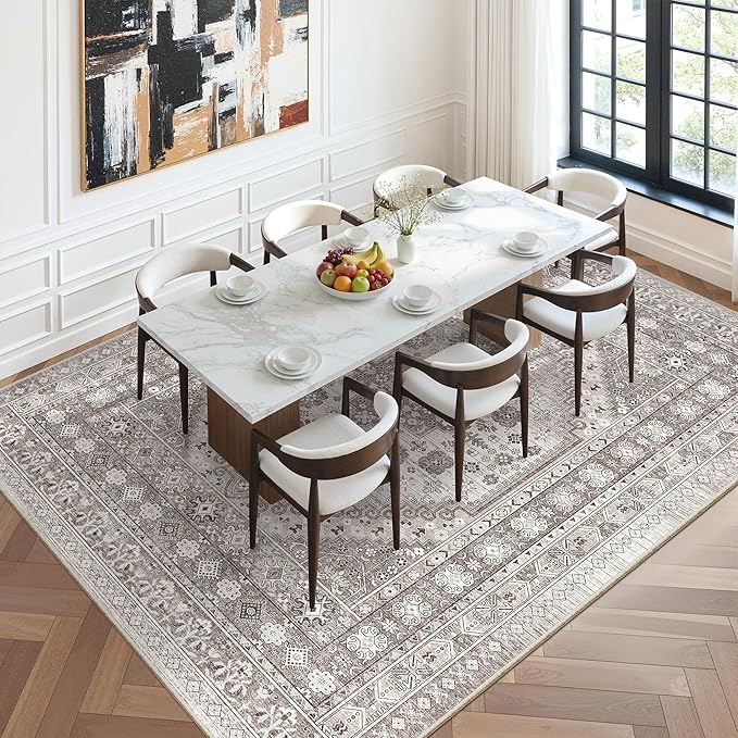 zesthome 10x12 Area Rugs,Stain Resistant Washable Rug,Ultra-Thin Rugs for Living Room,Bedroom,Non-Slip Backing Home Decor Large Area Rug (Brown/Beige,10'x12')