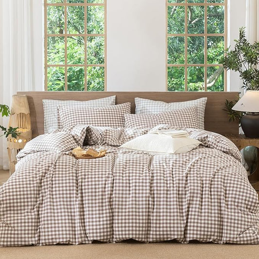 MooMee Gingham Duvet Cover Set 100% Washed Cotton Linen Like Textured Breathable Durable Soft Comfy Modern Checkered Design (Brown Gingham, Oversized Queen 98"x98")