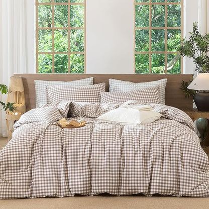 MooMee Gingham Duvet Cover Set 100% Washed Cotton Linen Like Textured Breathable Durable Soft Comfy Modern Checkered Design (Brown Gingham, Full 80"x90")