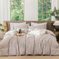MooMee Gingham Duvet Cover Set 100% Washed Cotton Linen Like Textured Breathable Durable Soft Comfy Modern Checkered Design (Brown Gingham, Twin 68"x90")