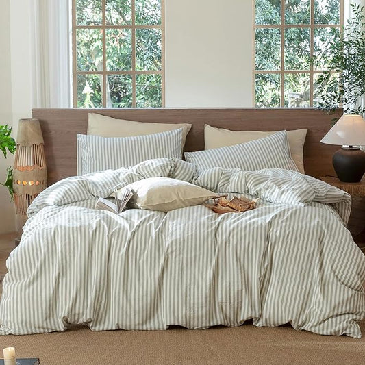 MooMee Striped Duvet Cover Set 100% Washed Cotton Linen Like Textured Breathable Durable Soft Comfy (Sage Green White Classic Stripes, Super King 108"x98")