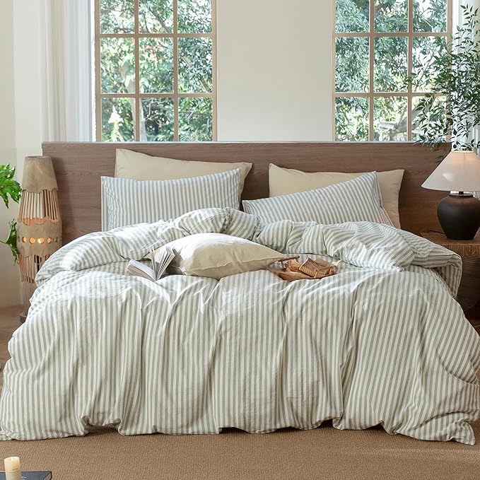 MooMee Striped Duvet Cover Set 100% Washed Cotton Linen Like Textured Breathable Durable Soft Comfy (Sage Green White Classic Stripes, Cal King 104"x98")