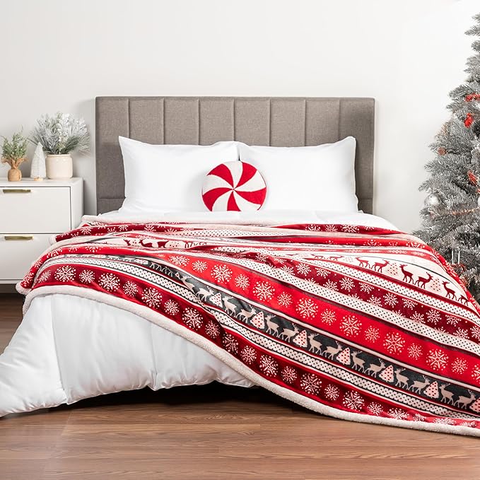 PAVILIA Christmas Sherpa Throw Blanket, Red & White Snowflake, Reindeer, Reversible Fleece & Sherpa Cozy Winter Blanket for Couch & Bed, 50x60, Christmas & Holiday Decor